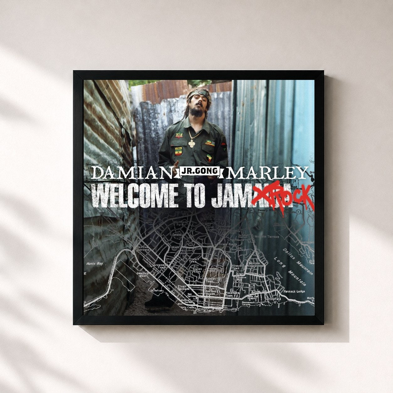 #noir Tableau carré de l'album Welcome to Jamrock de Damian Marley, cadre noir 32x32 cm