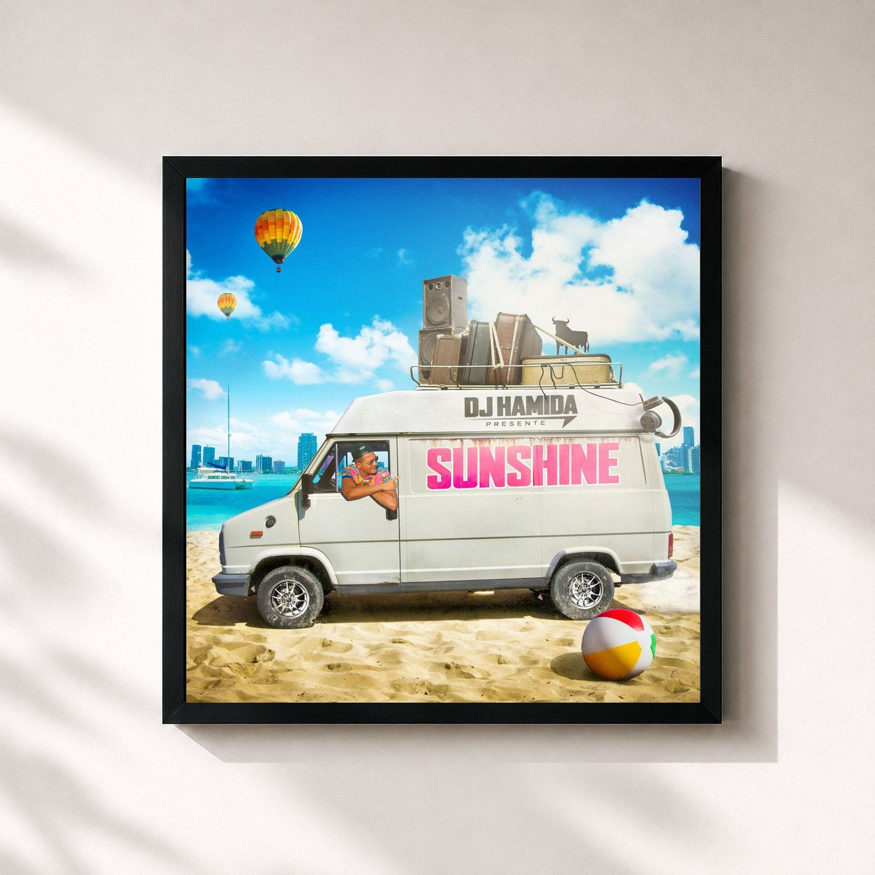 #noir Tableau carré de l'album Sunshine de DJ Hamida, cadre noir 32x32 cm
