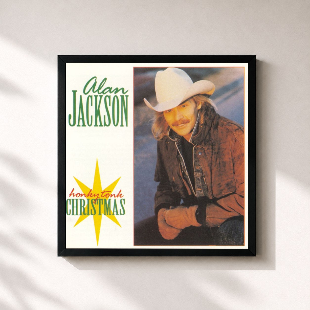 #noir Tableau carré de l'album Honky Tonk Christmas de Alan Jackson, cadre noir 32x32 cm