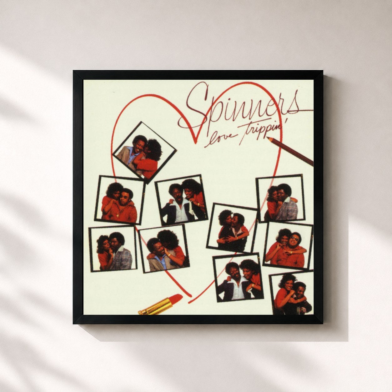 #noir Tableau carré de l'album Love Trippin' de The Spinners, cadre noir 32x32 cm