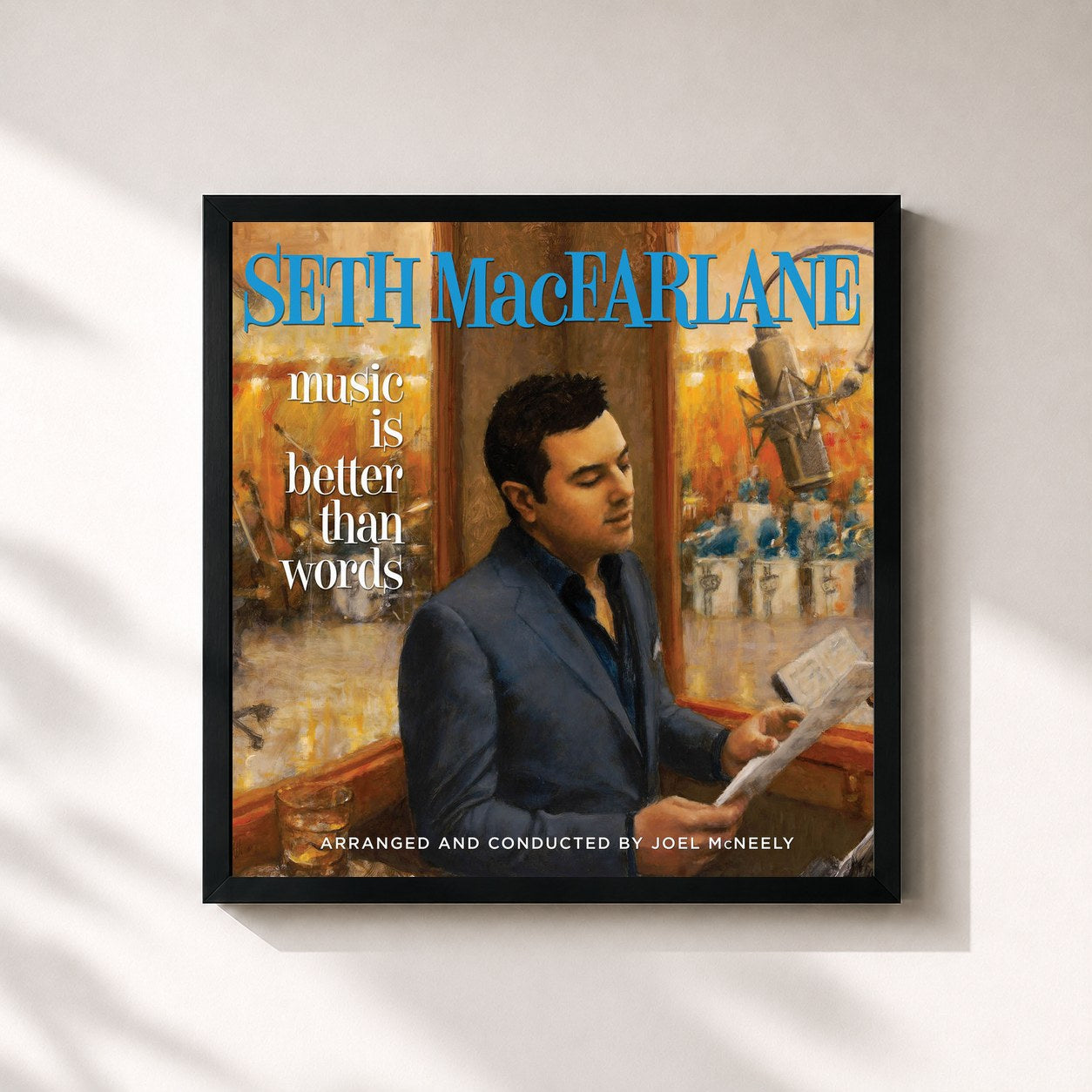 #noir Tableau carré de l'album Music Is Better Than Words de Seth MacFarlane, cadre noir 32x32 cm
