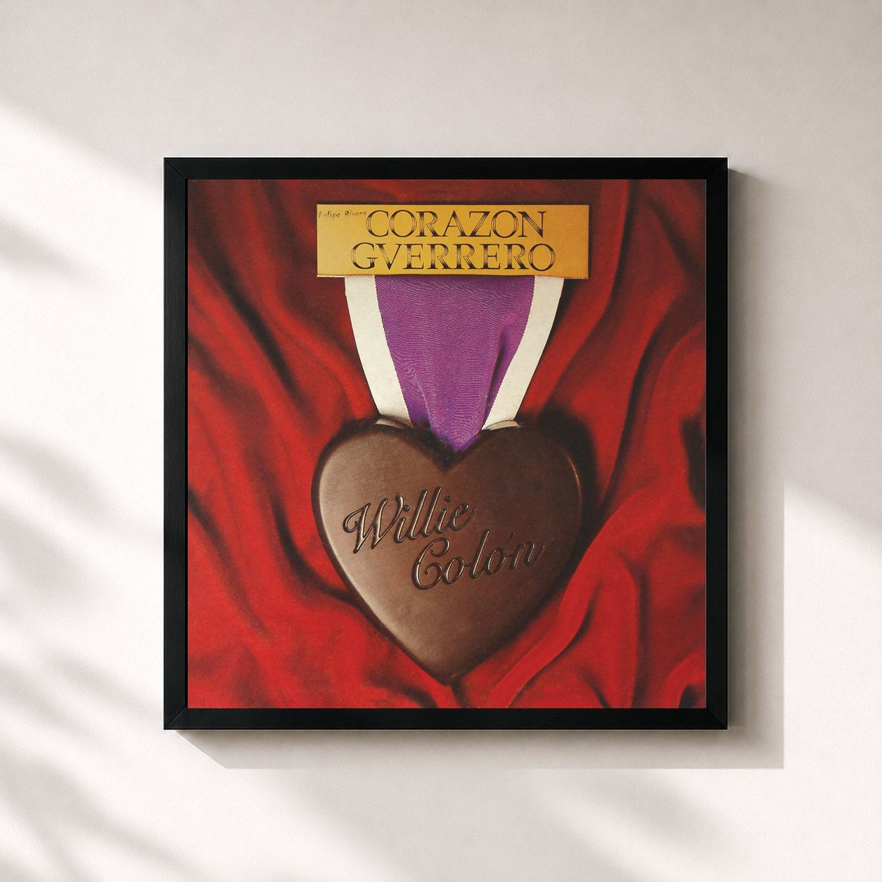 #noir Tableau carré de l'album Corazón Guerrero de Willie Colón, cadre noir 32x32 cm