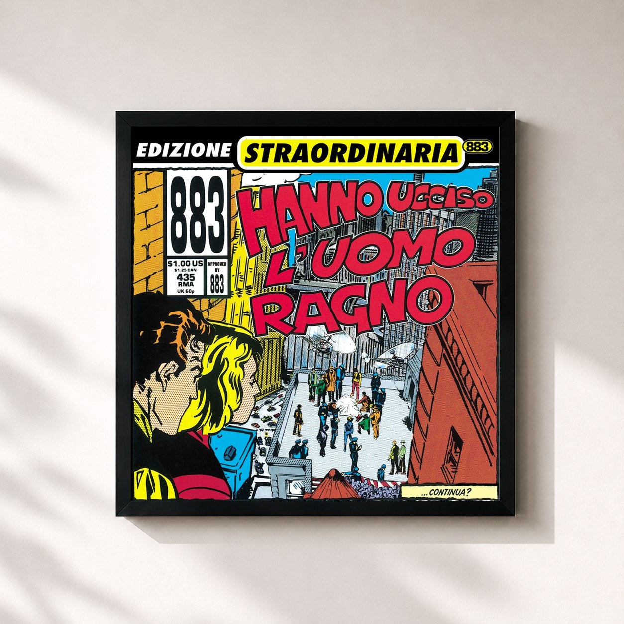 #noir Tableau carré de l'album Hanno ucciso l'Uomo Ragno de 883, cadre noir 32x32 cm