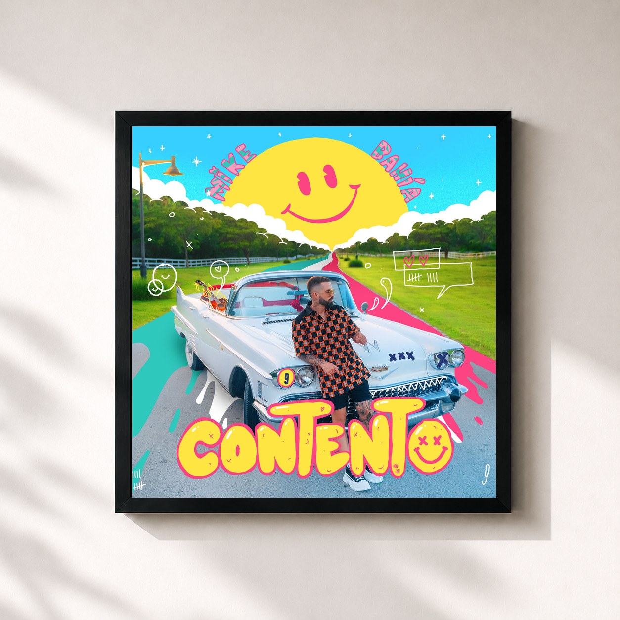 #noir Tableau carré de l'album Contento de Mike Bahia, cadre noir 32x32 cm