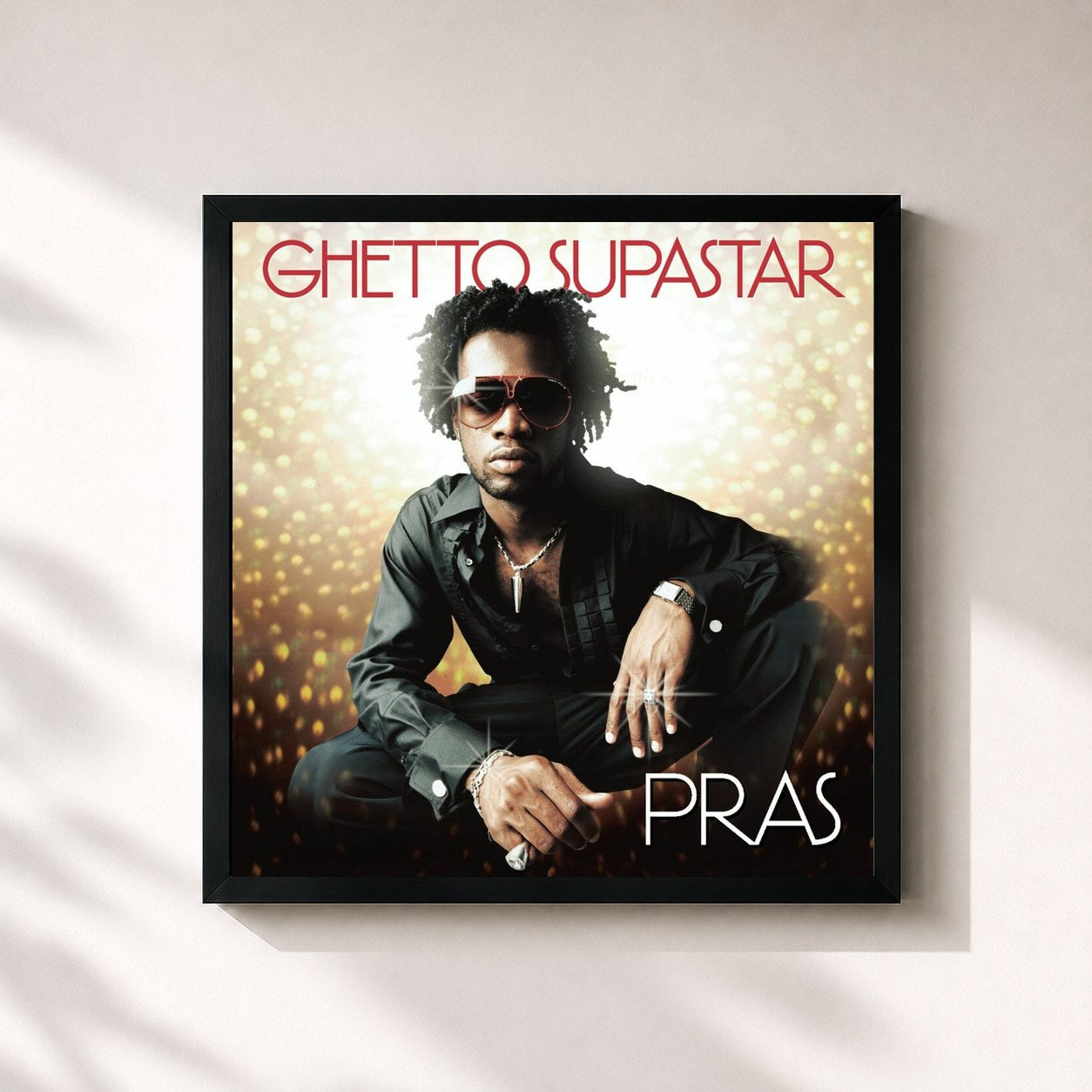 #noir Tableau carré de l'album Ghetto Supastar de Pras, cadre noir 32x32 cm