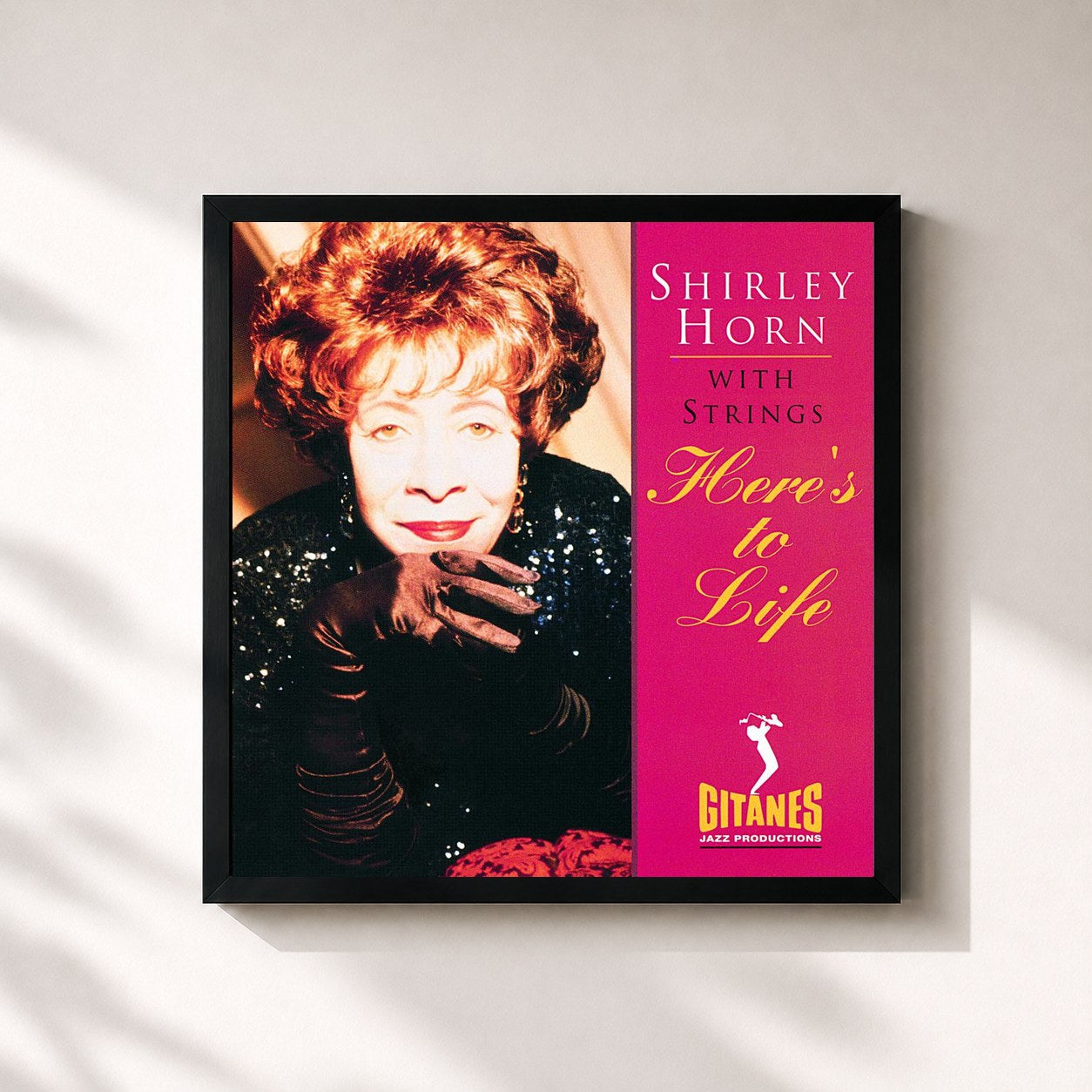 #noir Tableau carré de l'album Here's To Life de Shirley Horn, cadre noir 32x32 cm