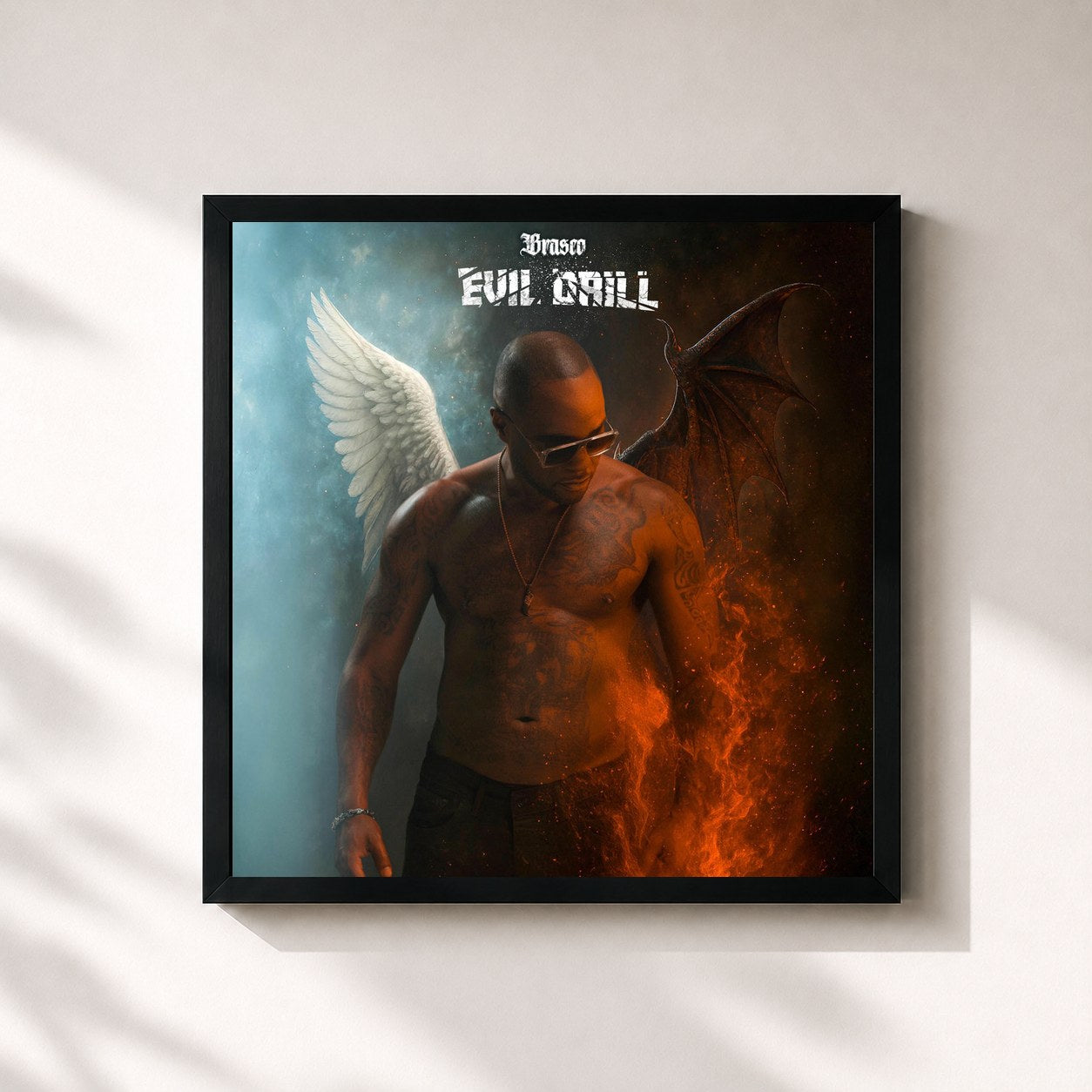 #noir Tableau carré de l'album Evil Drill de Brasco, cadre noir 32x32 cm