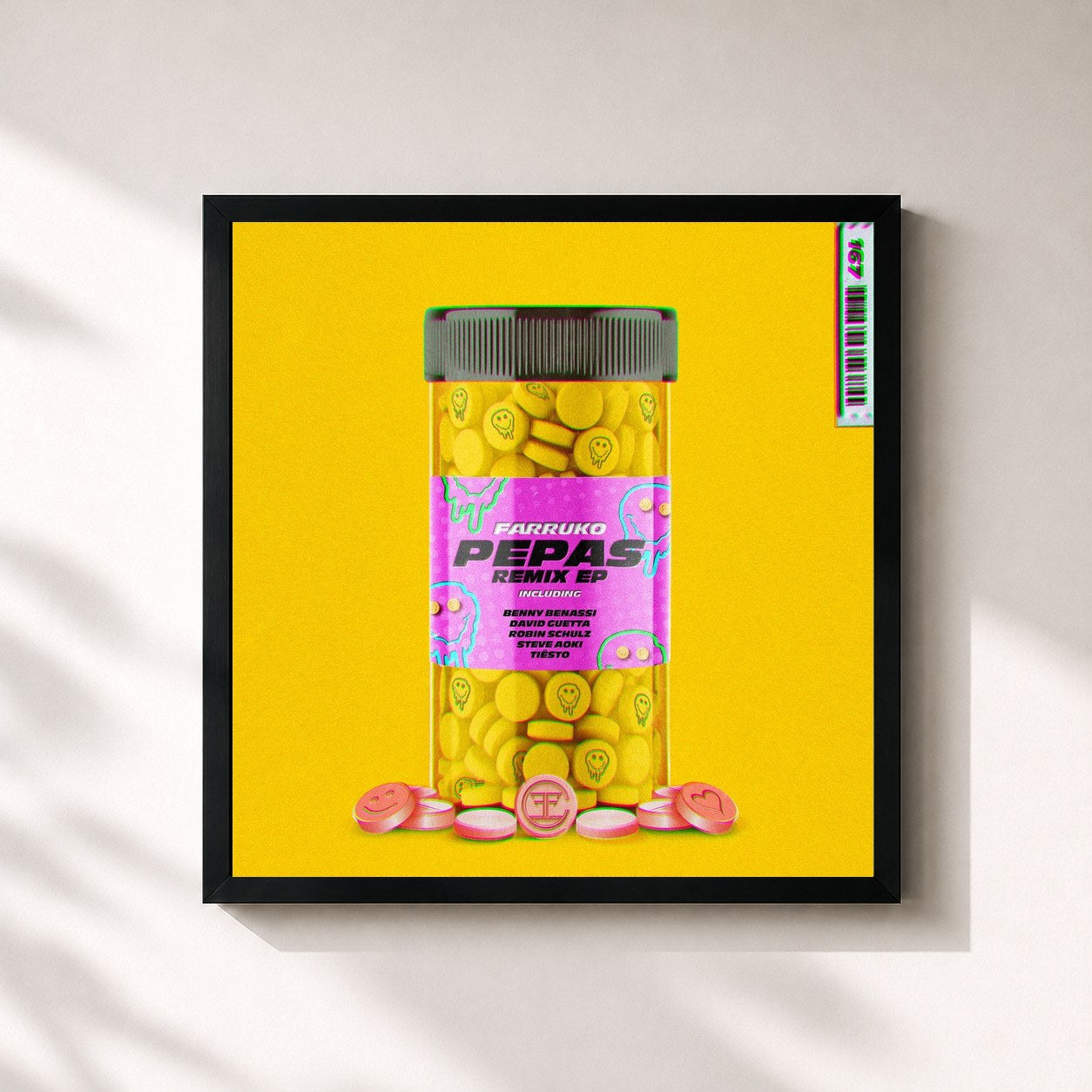 #noir Tableau carré de l'album Pepas Remix EP de Farruko, cadre noir 32x32 cm