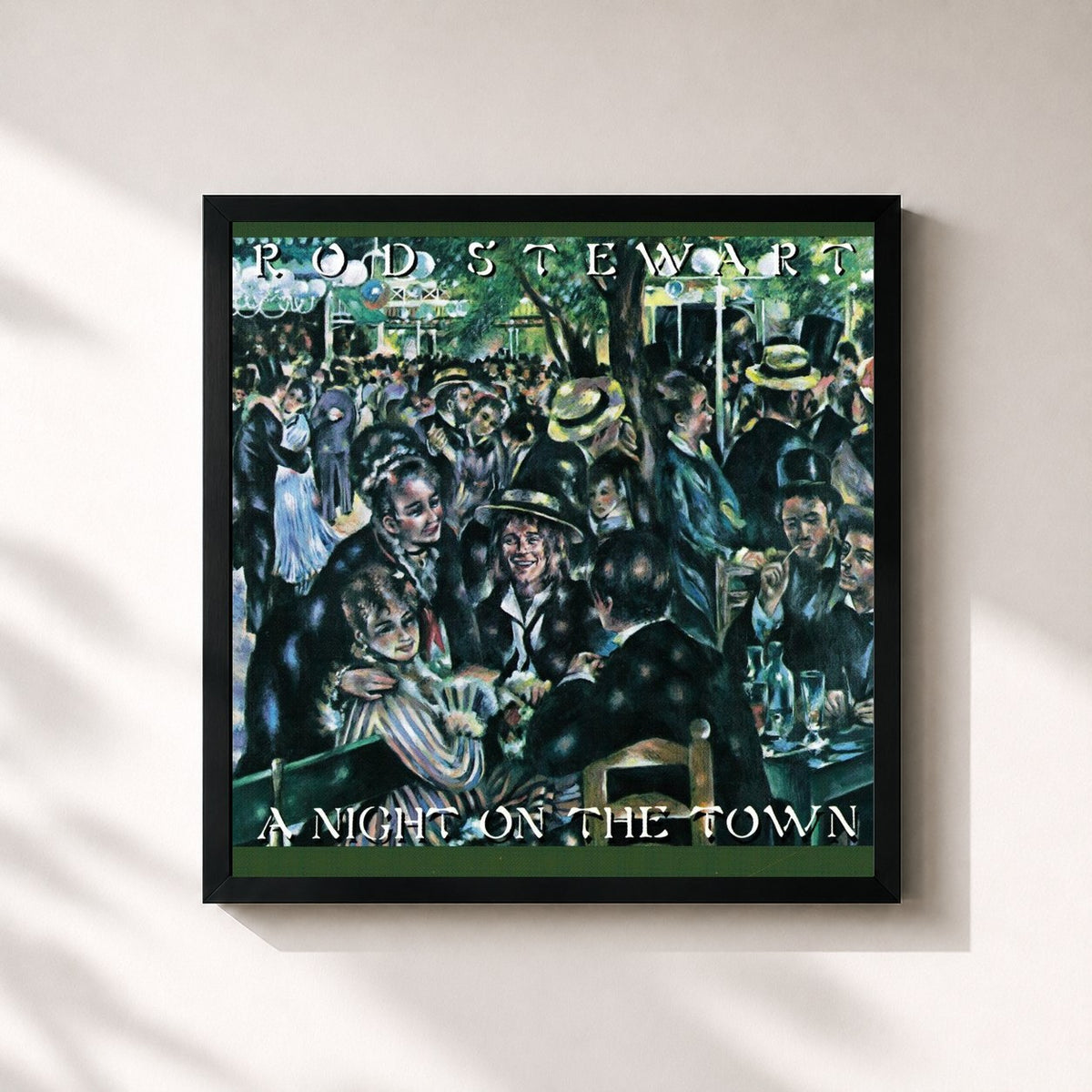 #noir Tableau carré de l'album A Night on the Town de Rod Stewart, cadre noir 32x32 cm