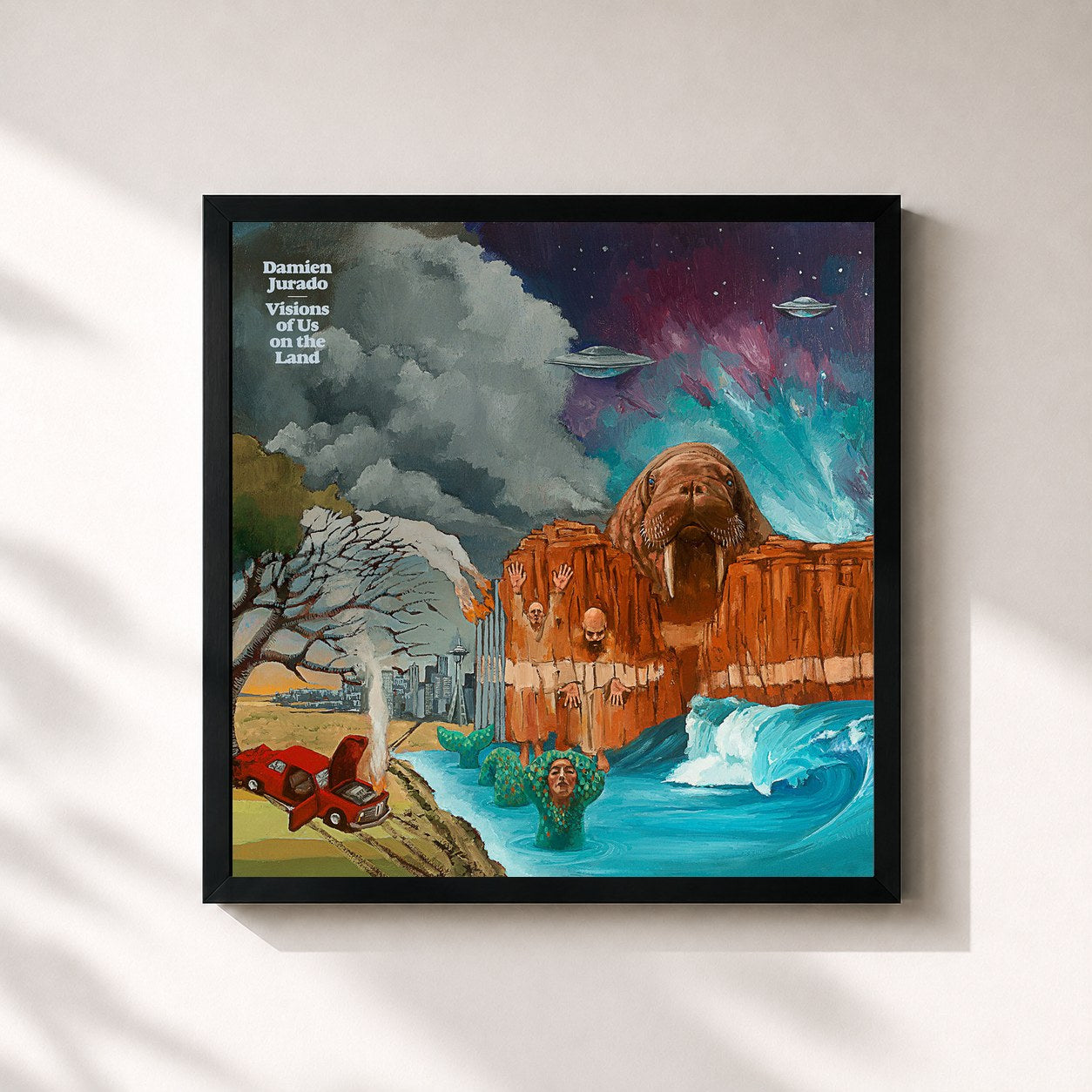 #noir Tableau carré de l'album Visions of Us on the Land de Damien Jurado, cadre noir 32x32 cm
