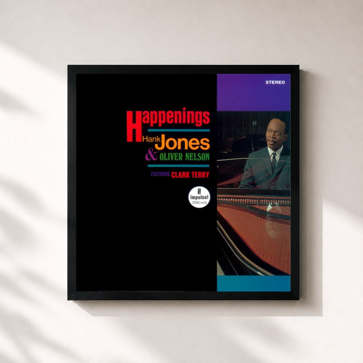 #noir Tableau carré de l'album Happenings de Hank Jones, cadre noir 32x32 cm