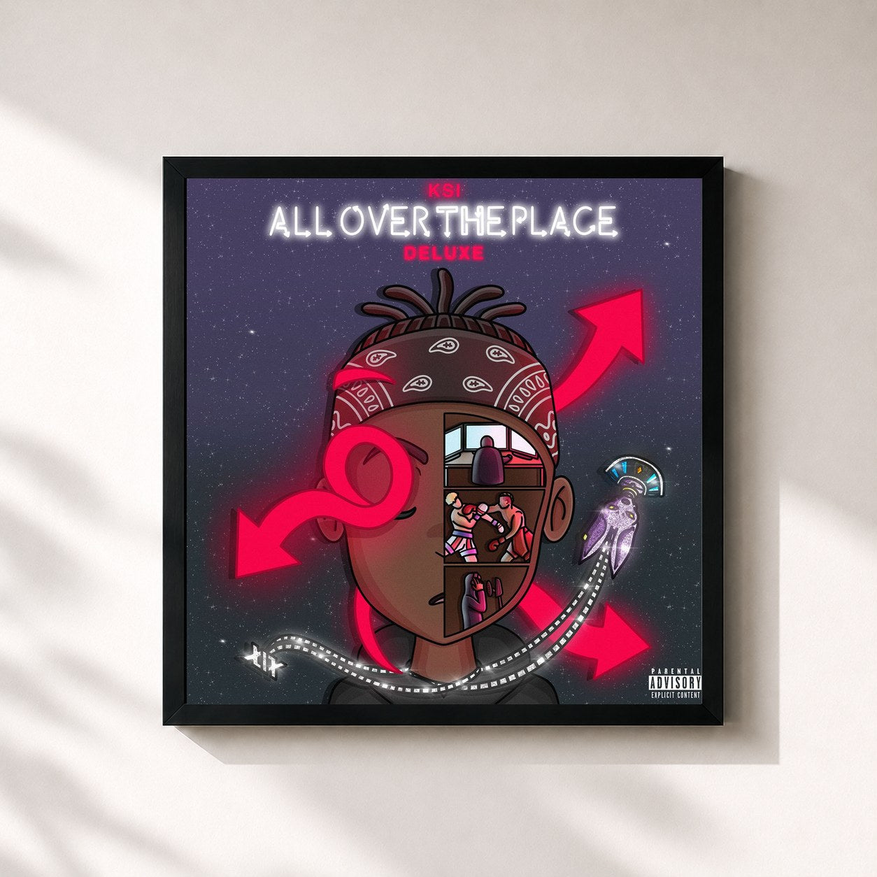 #noir Tableau carré de l'album All Over The Place (Deluxe) de KSI, cadre noir 32x32 cm