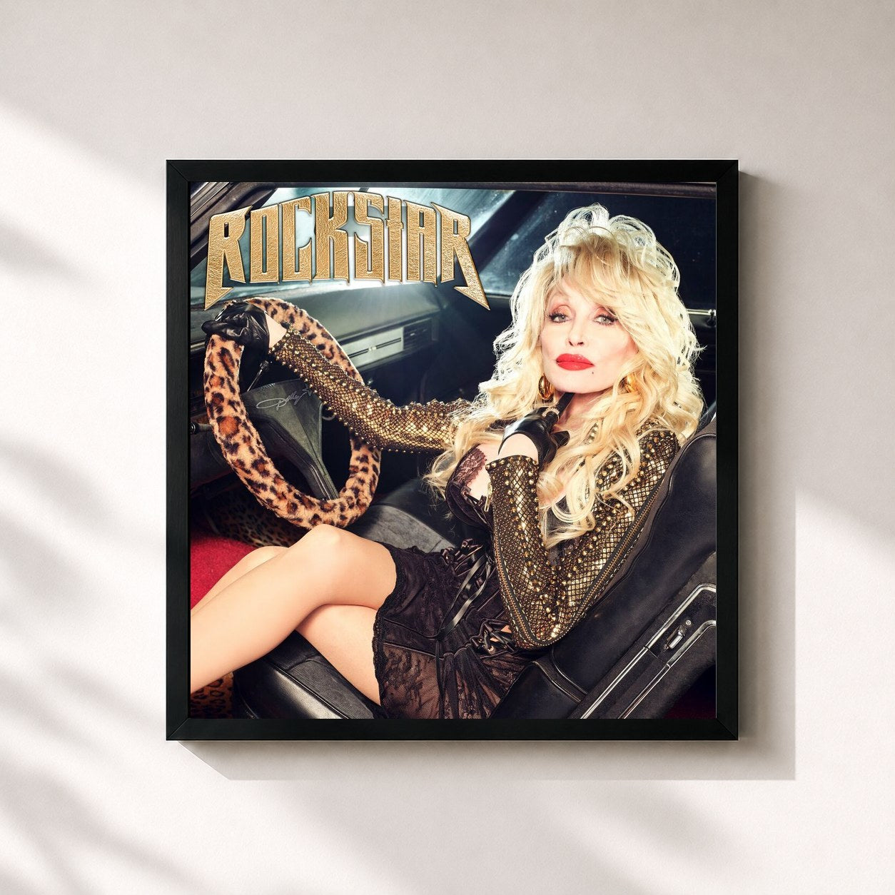 #noir Tableau carré de l'album Rockstar de Dolly Parton, cadre noir 32x32 cm