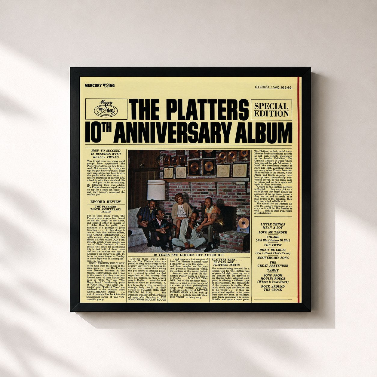 #noir Tableau carré de l'album Platters 10th Anniversary Album de The Platters, cadre noir 32x32 cm