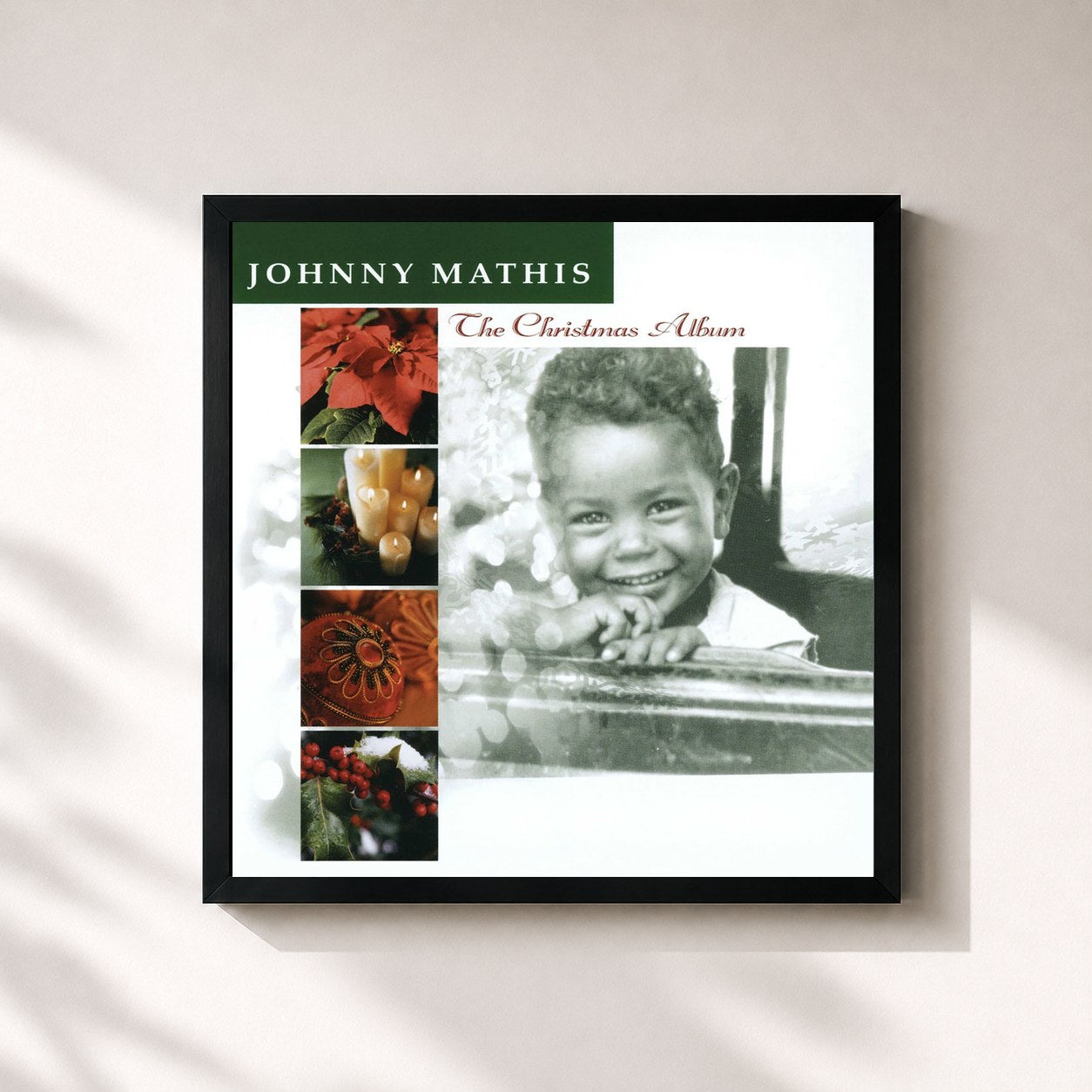 #noir Tableau carré de l'album The Christmas Album de Johnny Mathis, cadre noir 32x32 cm