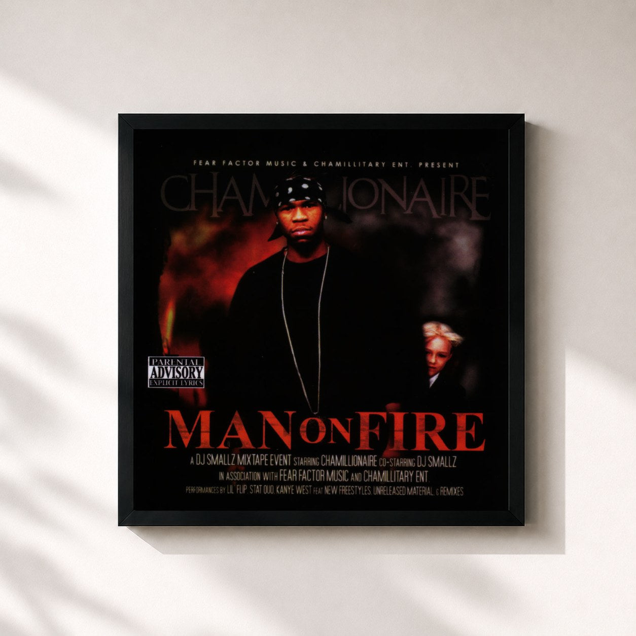 #noir Tableau carré de l'album Man On Fire de Chamillionaire, cadre noir 32x32 cm