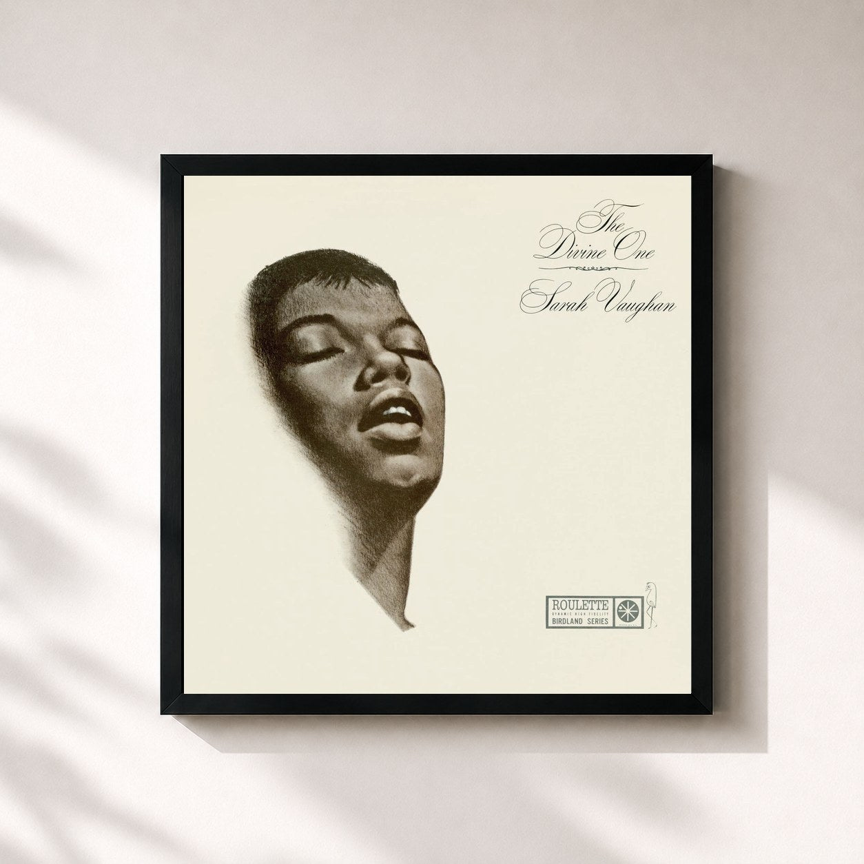 #noir Tableau carré de l'album The Divine One de Sarah Vaughan, cadre noir 32x32 cm