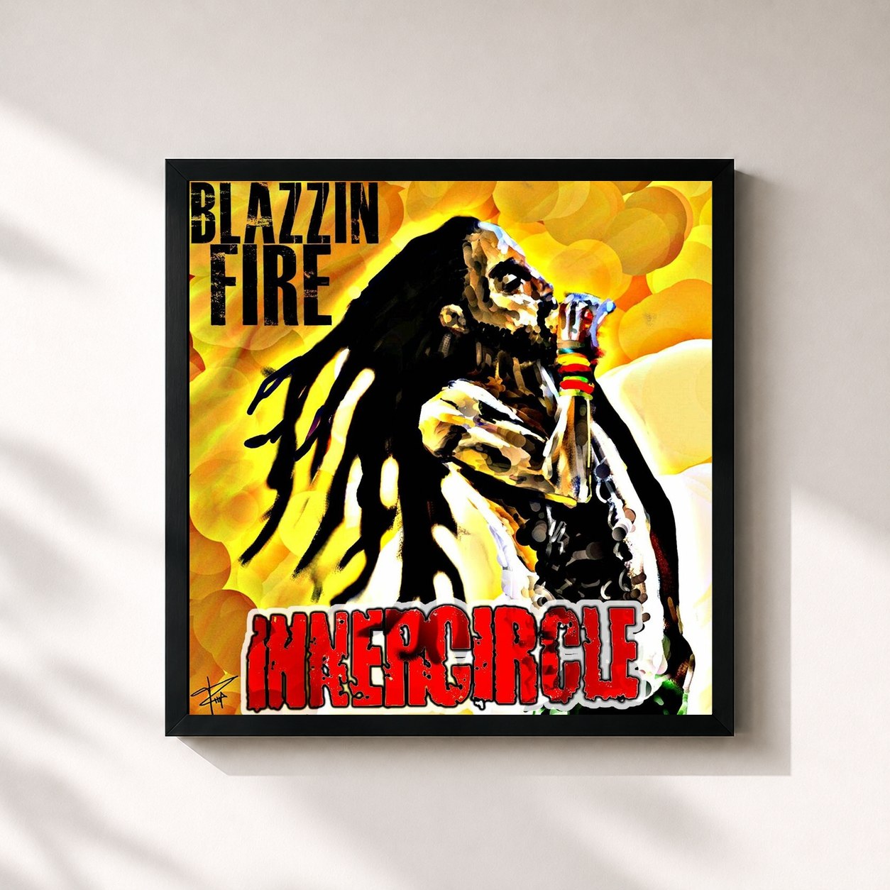 #noir Tableau carré de l'album Blazzin' Fire de Inner Circle, cadre noir 32x32 cm