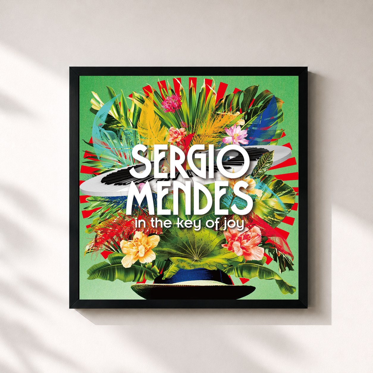 #noir Tableau carré de l'album In The Key of Joy de Sergio Mendes, cadre noir 32x32 cm