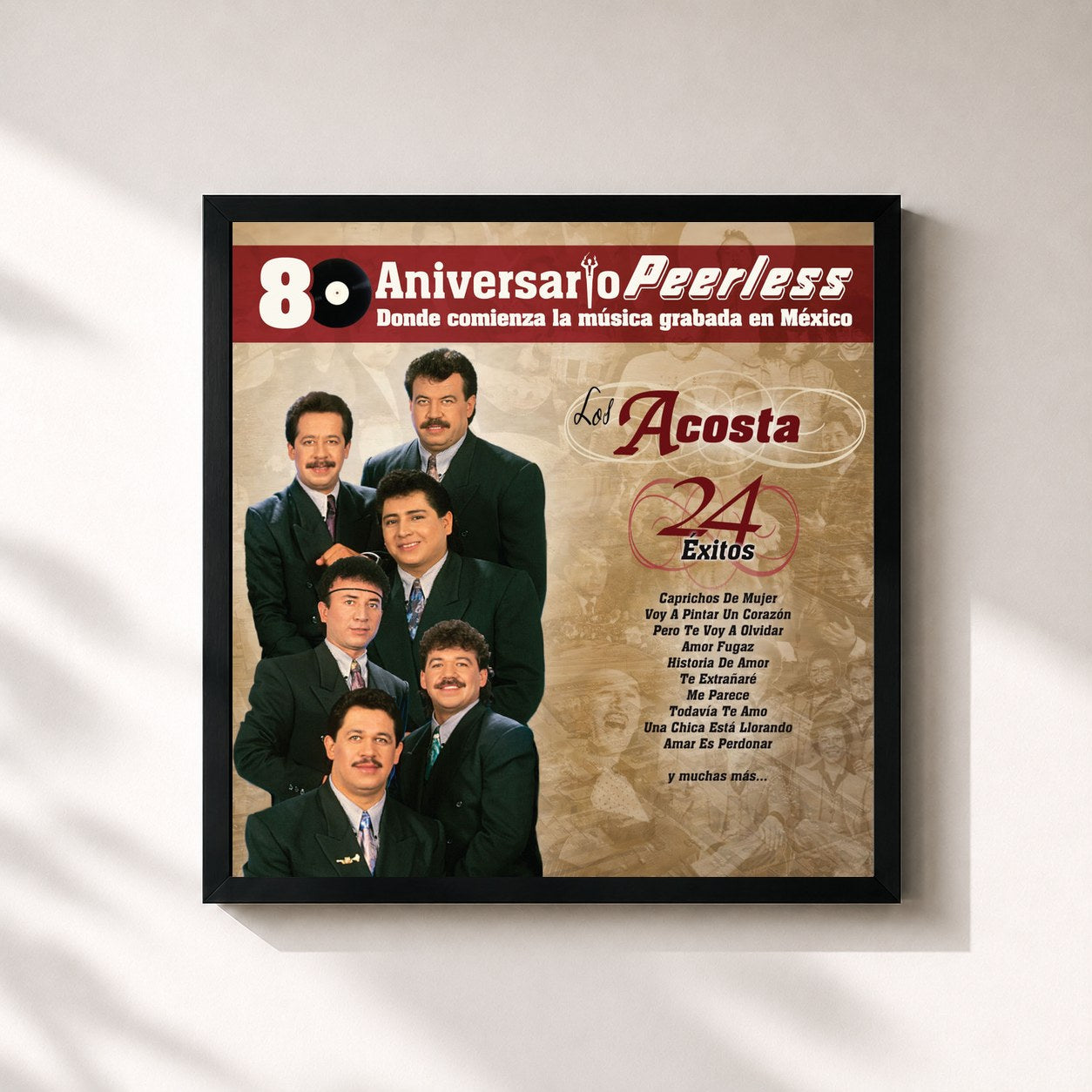 #noir Tableau carré de l'album Peerless 80 Aniversario - 24 Exitos de Los Acosta, cadre noir 32x32 cm