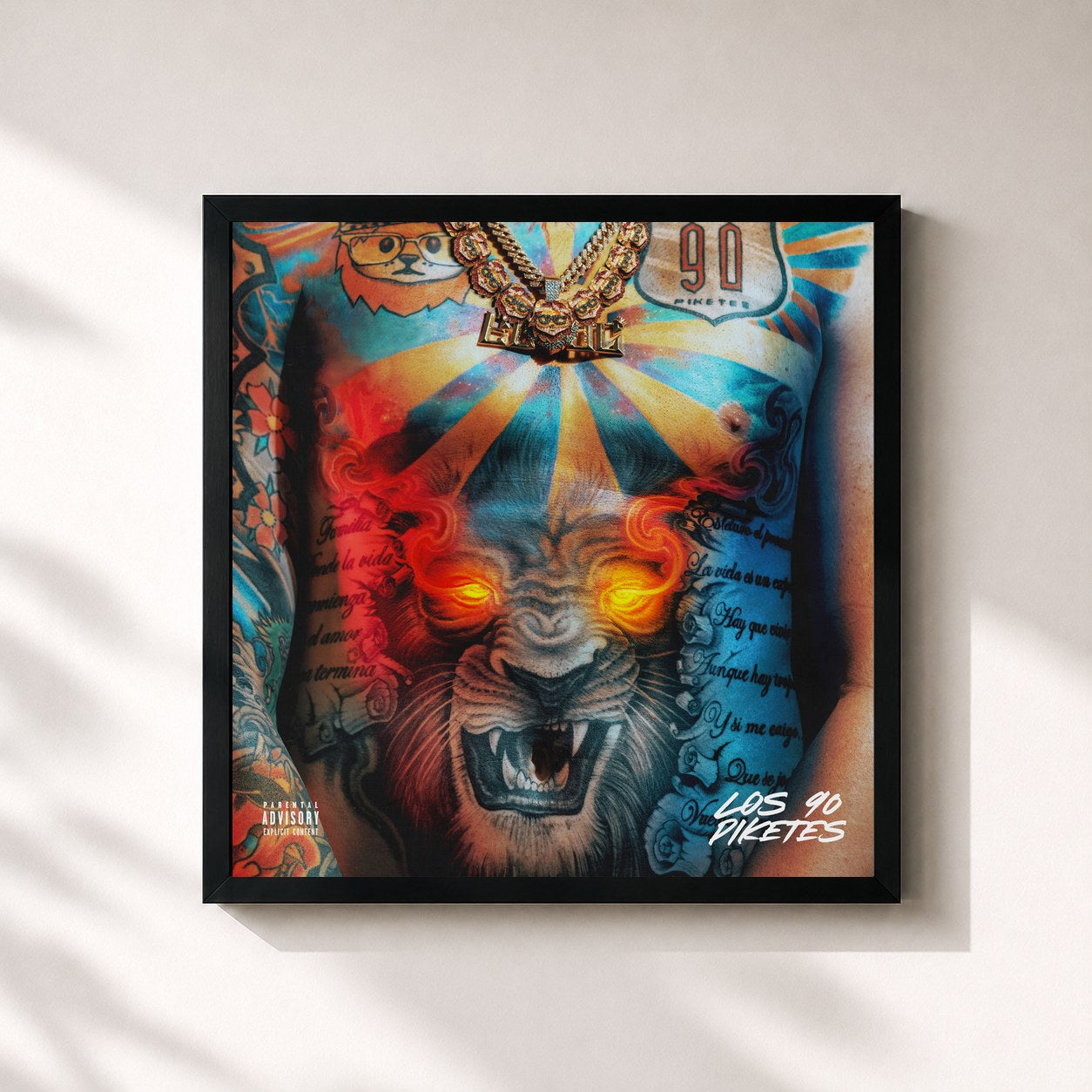 #noir Tableau carré de l'album Los 90 Piketes de Miky Woodz, cadre noir 32x32 cm