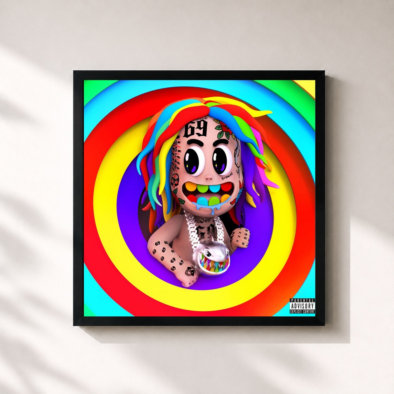 #noir Tableau carré de l'album TattleTales de 6IX9INE, cadre noir 32x32 cm