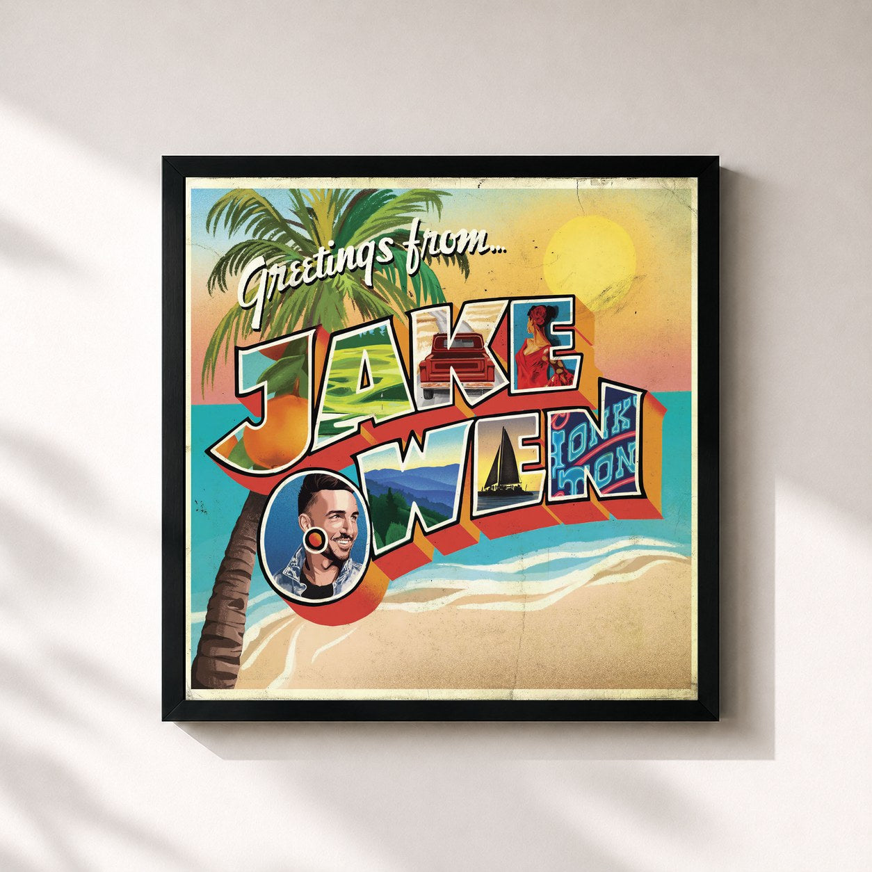 #noir Tableau carré de l'album Greetings From...Jake de Jake Owen, cadre noir 32x32 cm