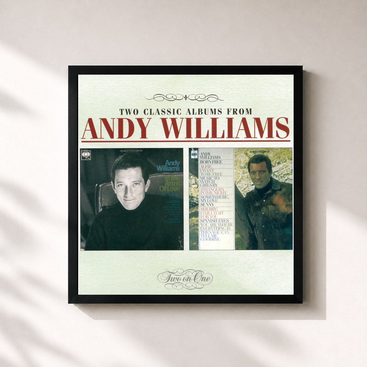 #noir Tableau carré de l'album In The Arms Of Love / Born Free de Andy Williams, cadre noir 32x32 cm