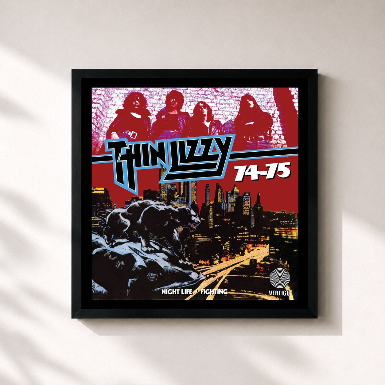 #noir Tableau carré de l'album Nightlife / Fighting de Thin Lizzy, cadre noir 32x32 cm