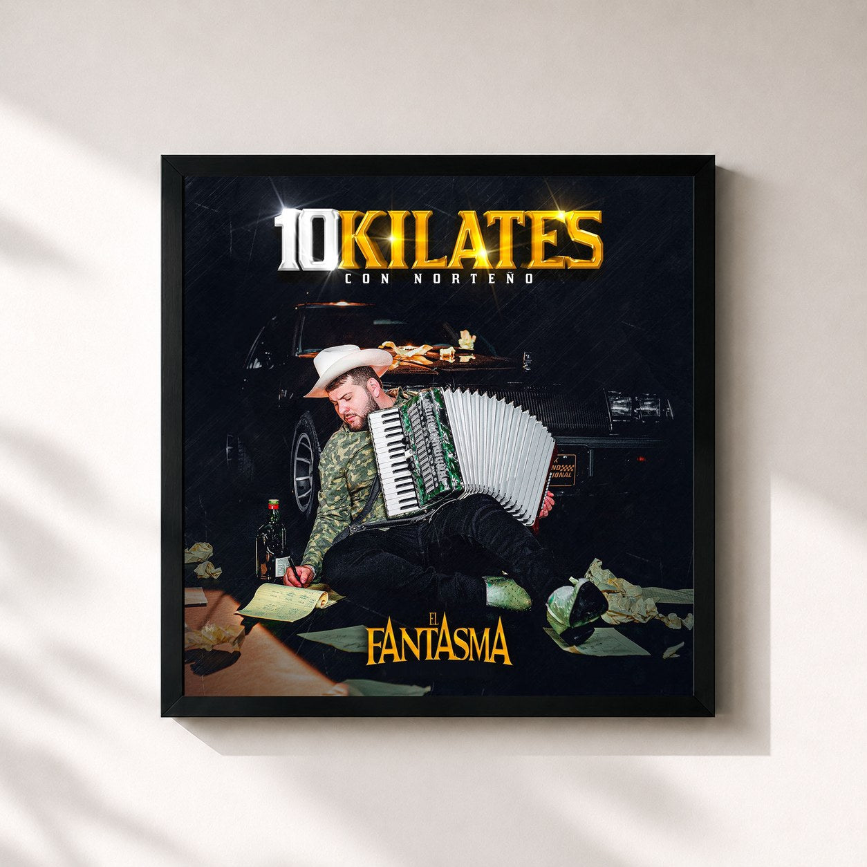 #noir Tableau carré de l'album 10 Kilates (Con Norteño) de El Fantasma, cadre noir 32x32 cm