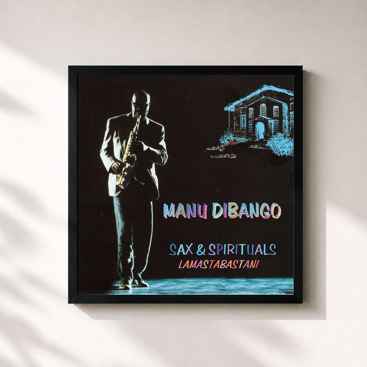 #noir Tableau carré de l'album Sax & Spirituals Lamastabastani de Manu Dibango, cadre noir 32x32 cm