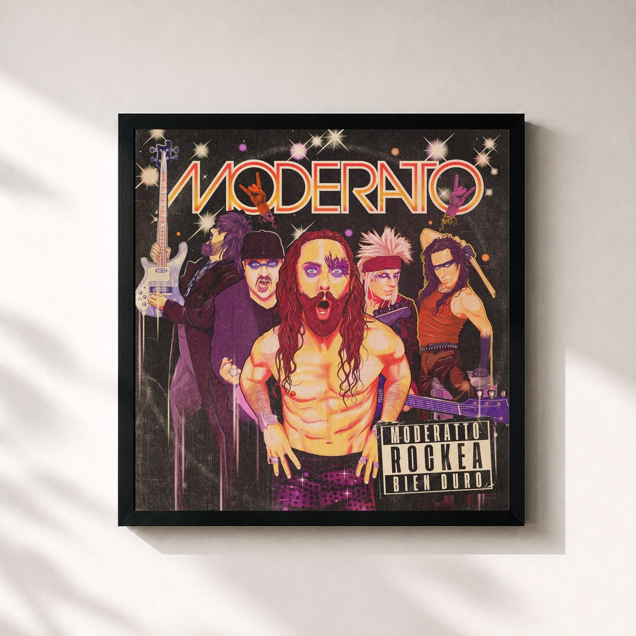 #noir Tableau carré de l'album Rockea Bien Duro de Moderatto, cadre noir 32x32 cm