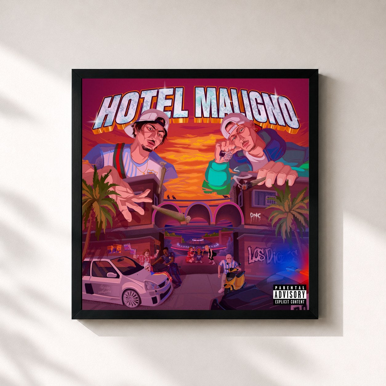 #noir Tableau carré de l'album HOTEL MALIGNO de Los Diozes, cadre noir 32x32 cm