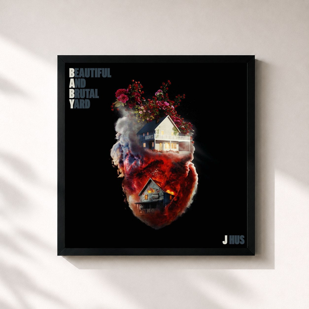 #noir Tableau carré de l'album Beautiful And Brutal Yard de J Hus, cadre noir 32x32 cm