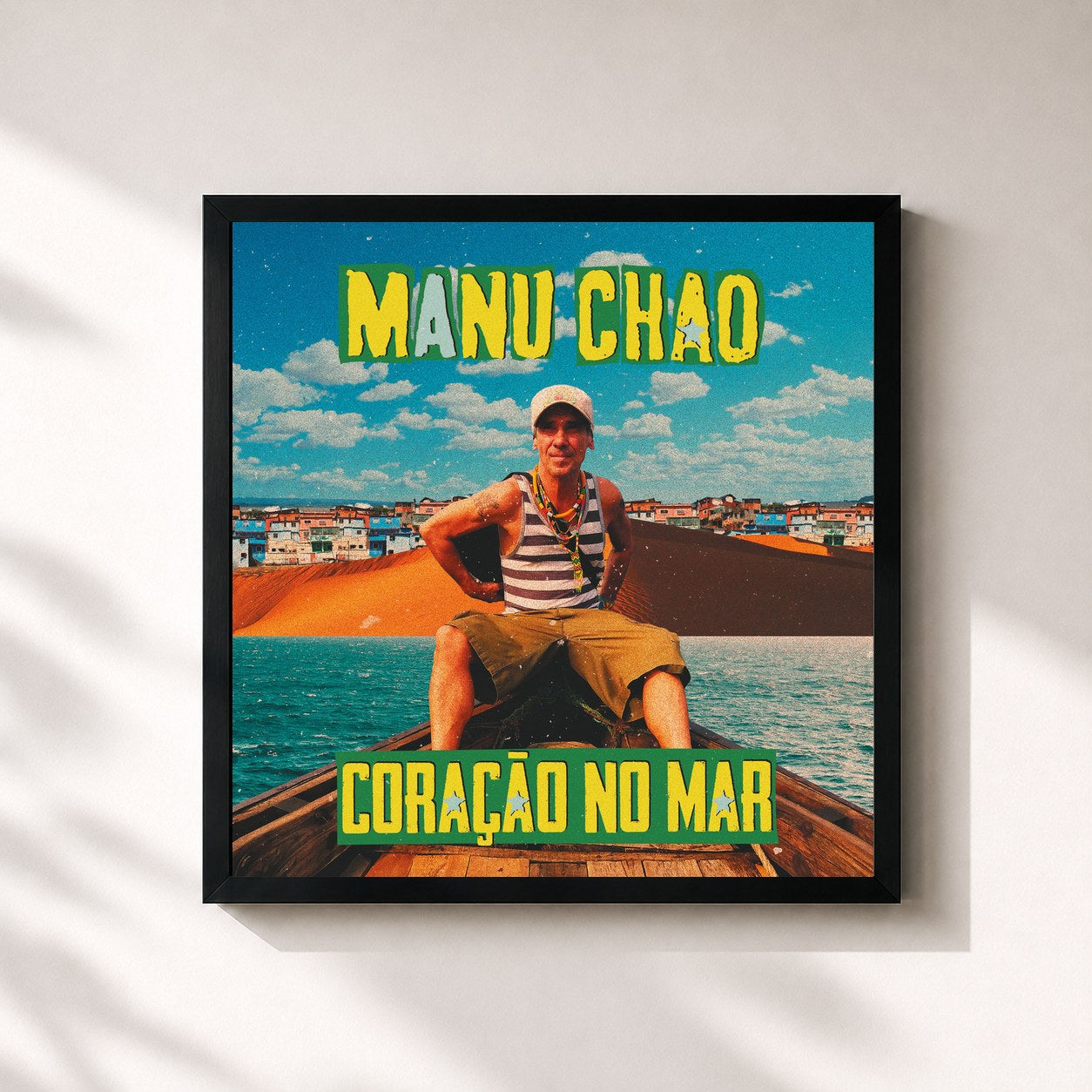 #noir Tableau carré de l'album Coraçao No Mar de Manu Chao, cadre noir 32x32 cm