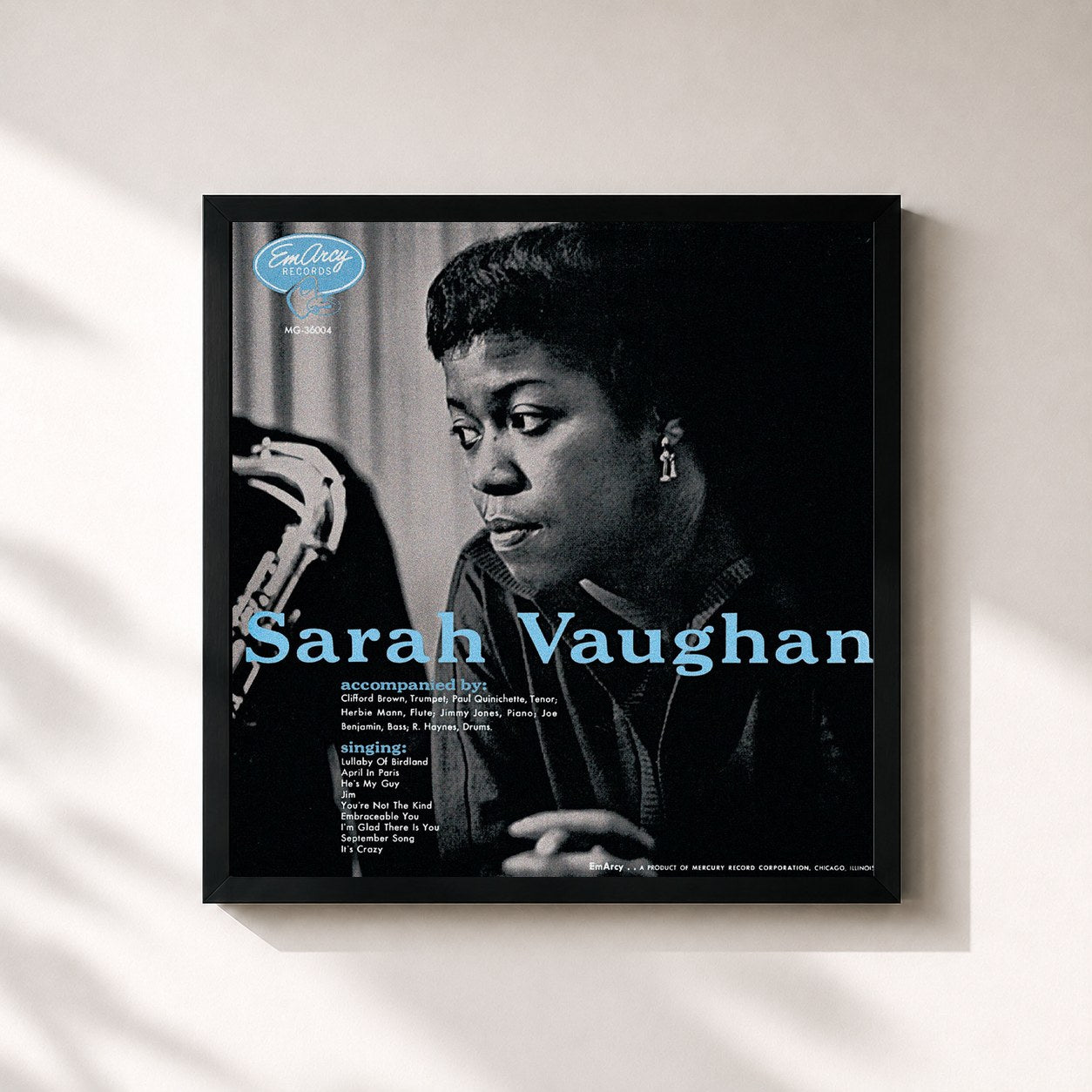 #noir Tableau carré de l'album Sarah Vaughan de Sarah Vaughan, cadre noir 32x32 cm