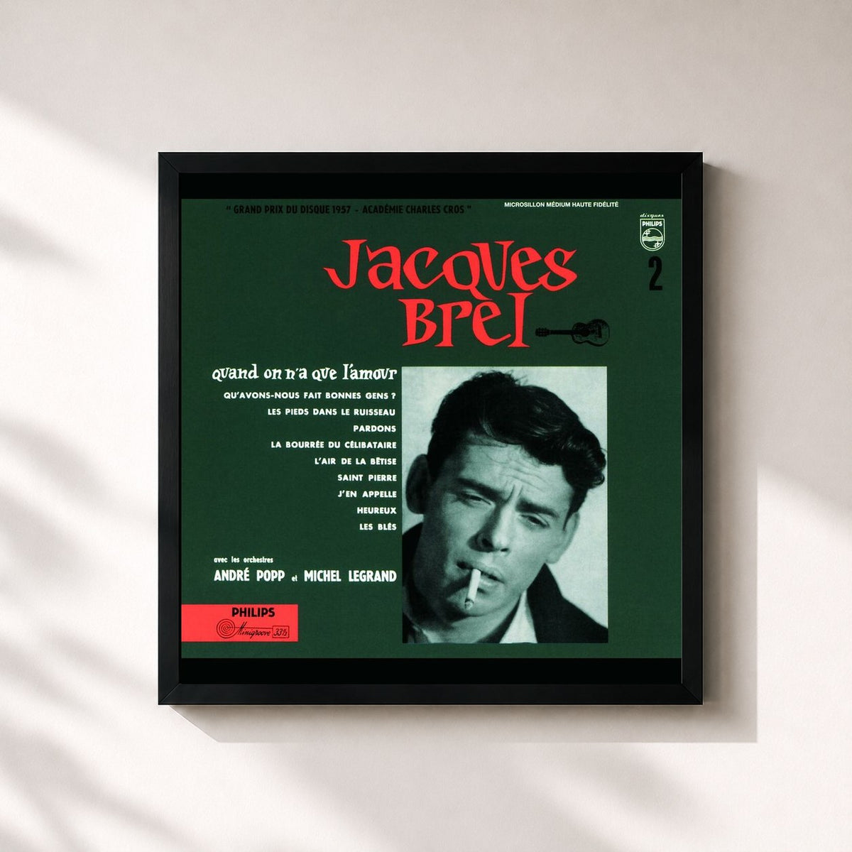 #noir Tableau carré de l'album Quand On N'A Que L'Amour (Vol.2) de Jacques Brel, cadre noir 32x32 cm