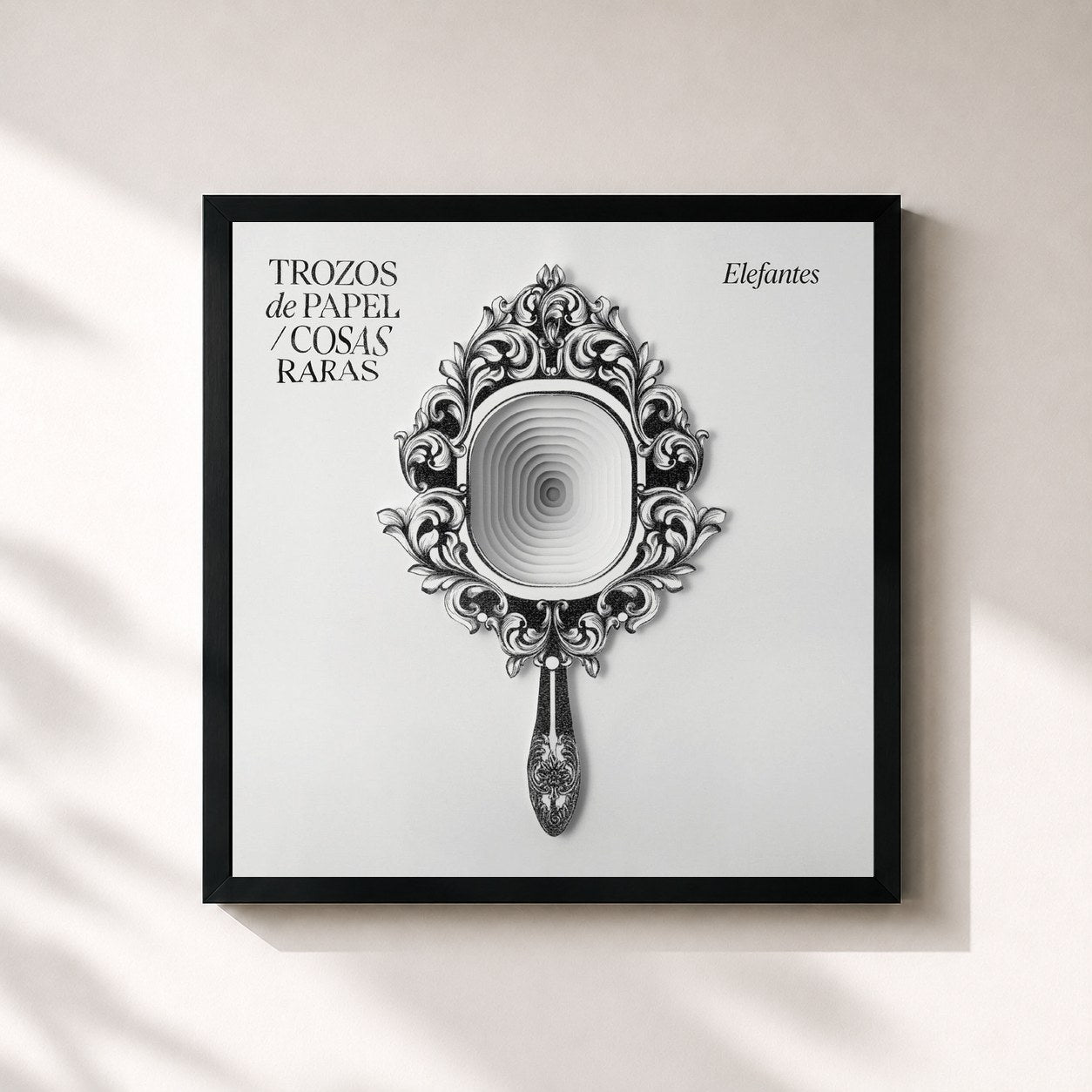 #noir Tableau carré de l'album TROZOS de PAPEL / COSAS RARAS de Elefantes, cadre noir 32x32 cm