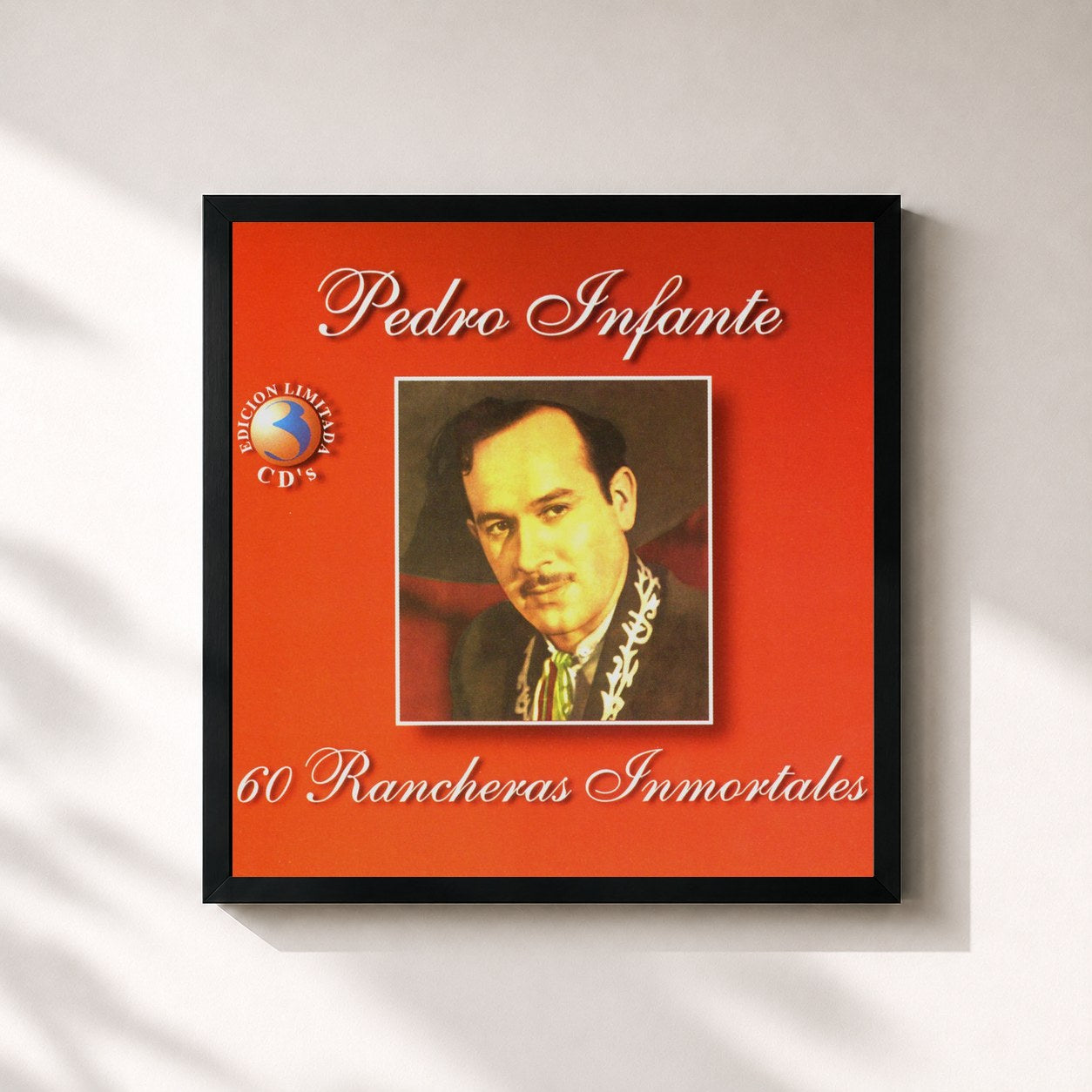 #noir Tableau carré de l'album 60 Rancheras Inmortales de Pedro Infante, cadre noir 32x32 cm