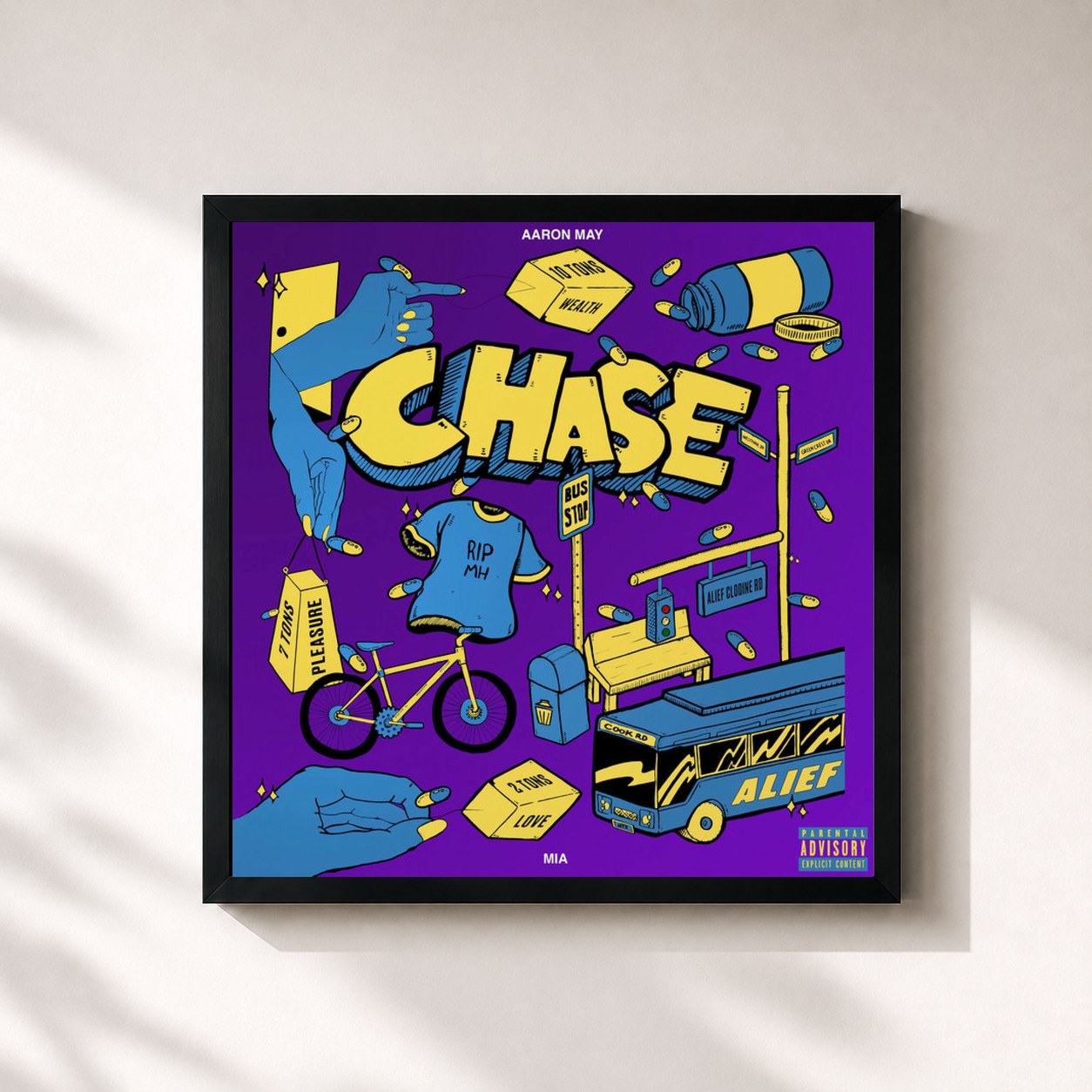 #noir Tableau carré de l'album CHASE de Aaron May, cadre noir 32x32 cm