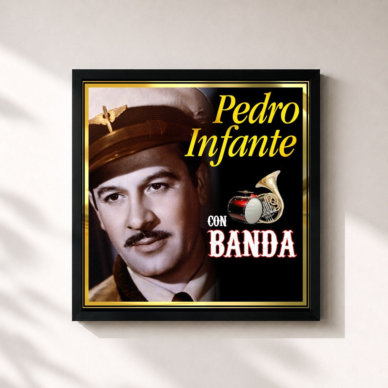 #noir Tableau carré de l'album Pedro Infante Con Banda de Pedro Infante, cadre noir 32x32 cm
