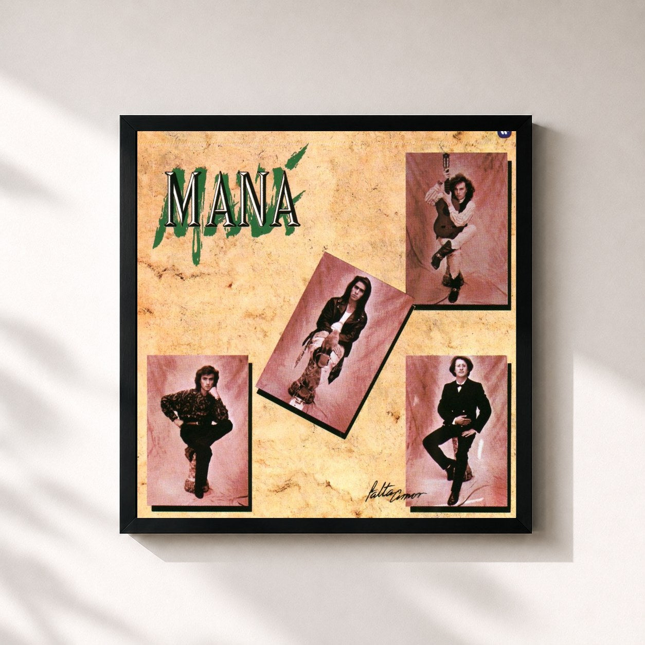 #noir Tableau carré de l'album Falta Amor de Maná, cadre noir 32x32 cm