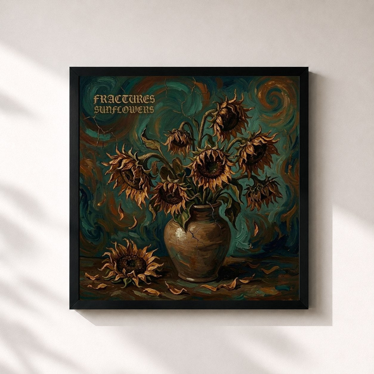 #noir Tableau carré de l'album Sunflowers de Fractures, cadre noir 32x32 cm