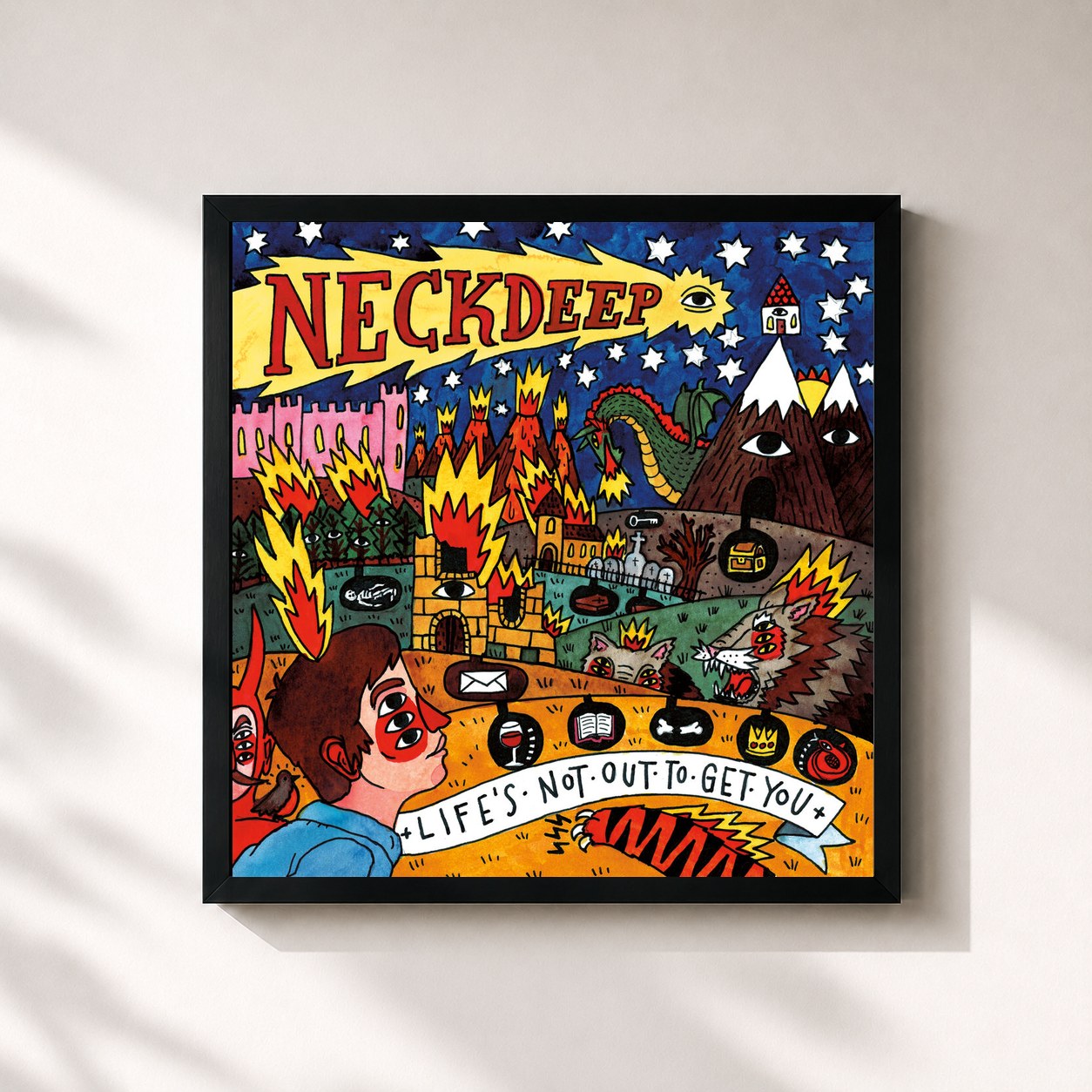 #noir Tableau carré de l'album Life's Not Out To Get You de Neck Deep, cadre noir 32x32 cm