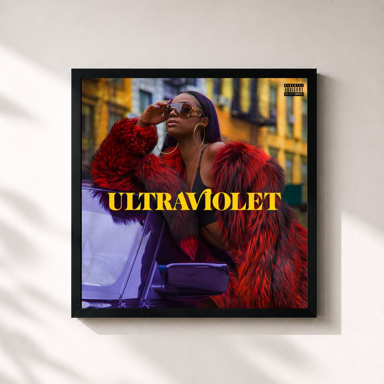 #noir Tableau carré de l'album ULTRAVIOLET de Justine Skye, cadre noir 32x32 cm