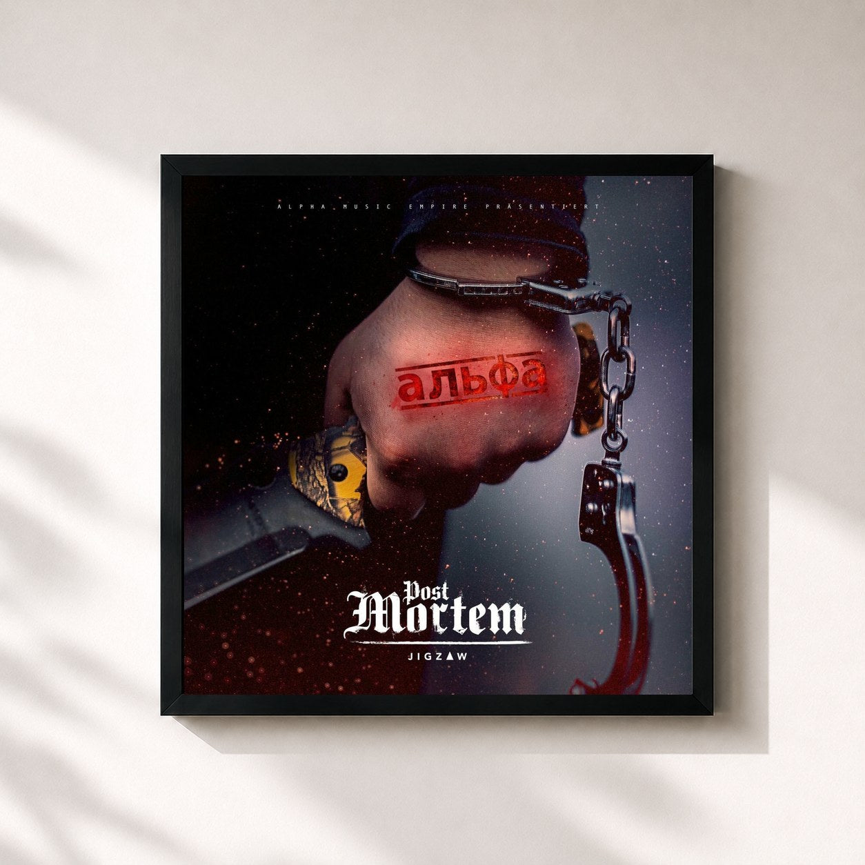 #noir Tableau carré de l'album Post Mortem de Jigzaw, cadre noir 32x32 cm