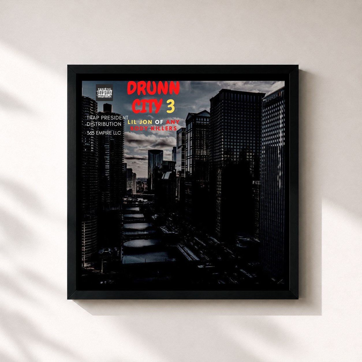 #noir Tableau carré de l'album Drunn City 3 de Lil Jon, cadre noir 32x32 cm