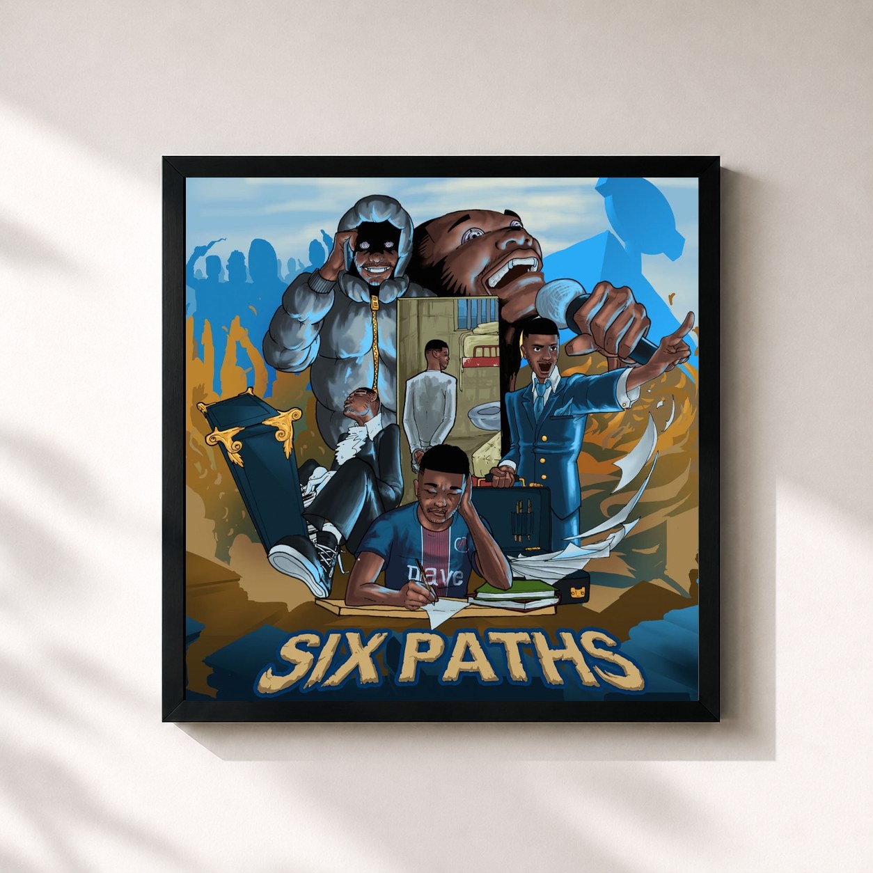 #noir Tableau carré de l'album Six Paths de Dave, cadre noir 32x32 cm