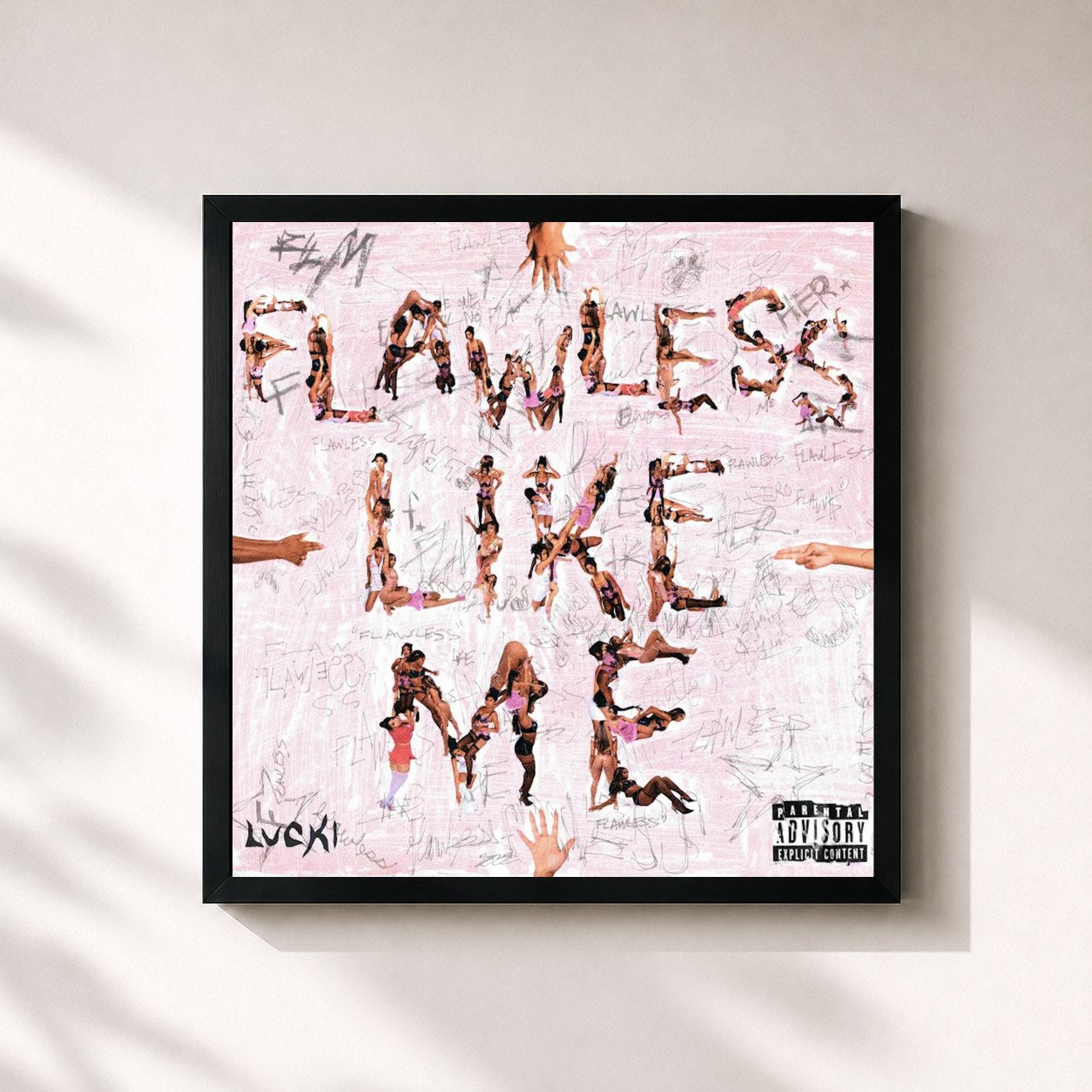 #noir Tableau carré de l'album FLAWLESS LIKE ME de Lucki, cadre noir 32x32 cm