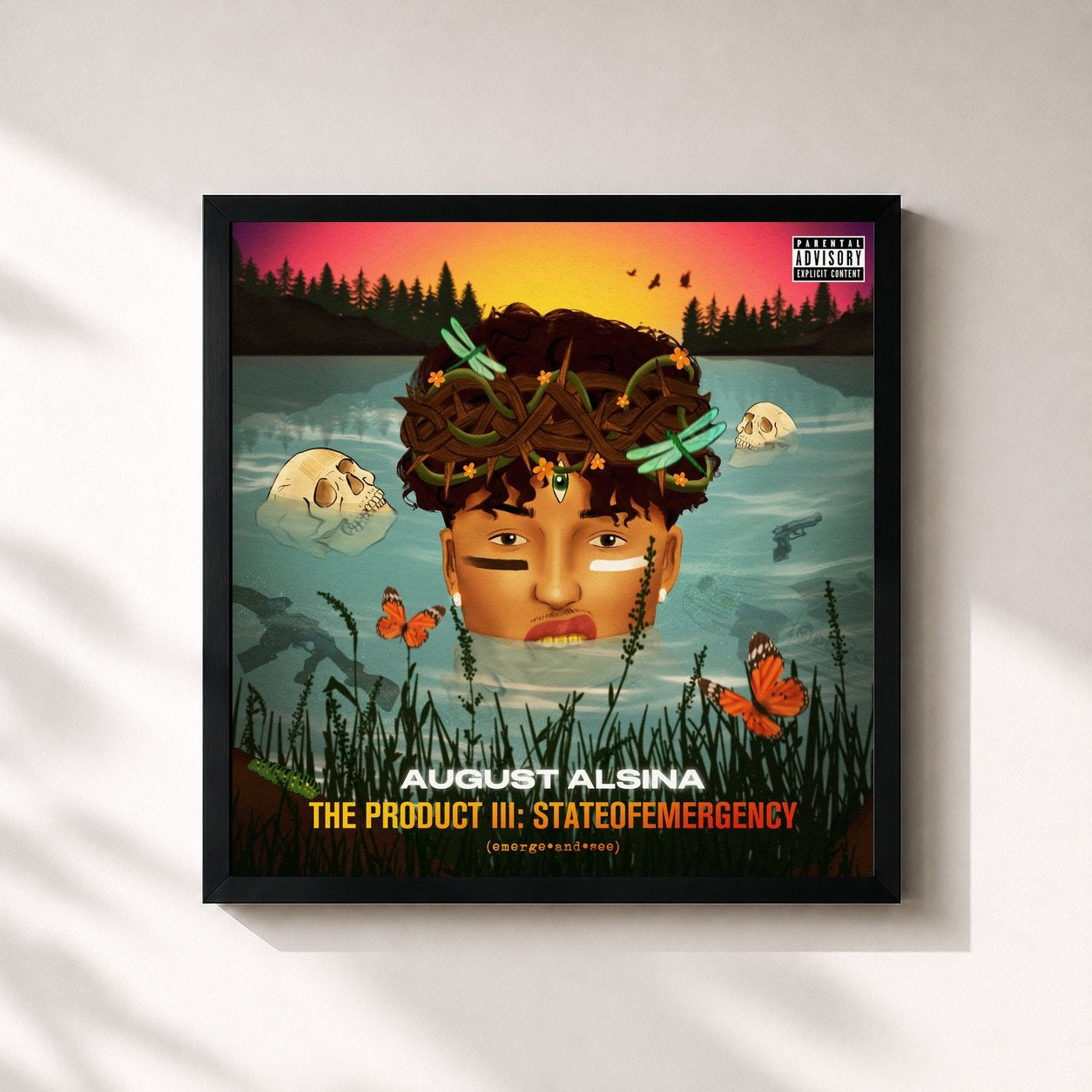 #noir Tableau carré de l'album The Product III: stateofEMERGEncy de August Alsina, cadre noir 32x32 cm